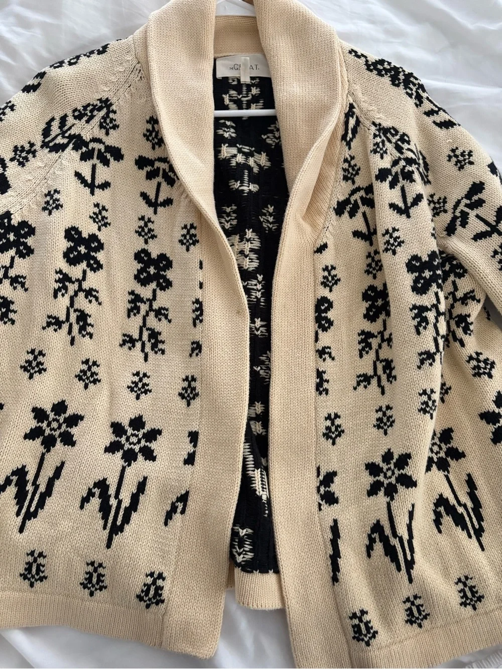THE GREAT. Lodge Cardigan, Cream and Black Garden - Picture 4 of 7